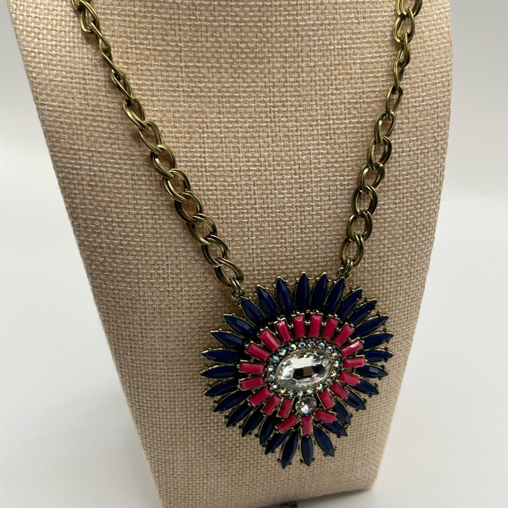 Premier Designs Necklace Reversable Blue and Pink Floral Medallion